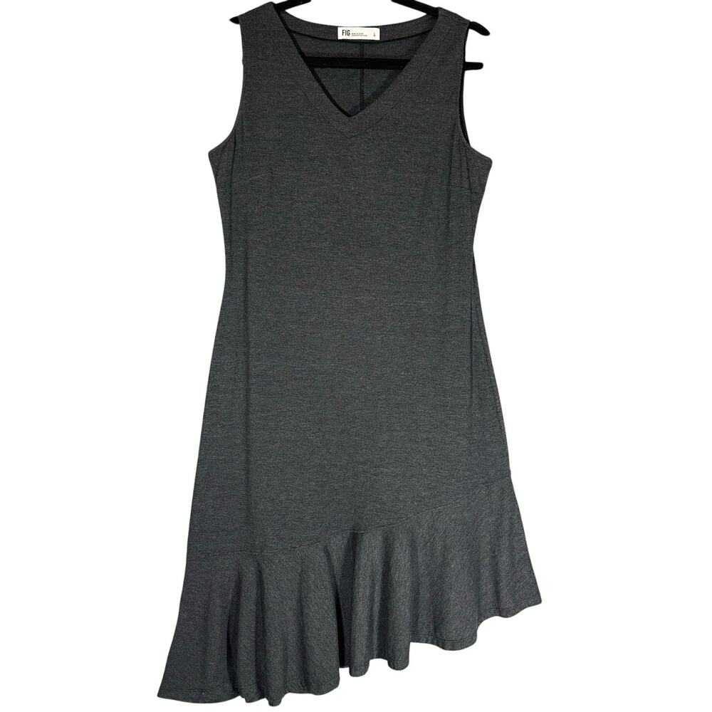 Fig Voyage Sz L Sleeveless VNeck Jersey Midi Dress Asymmetric Ruffle Hem Neutral